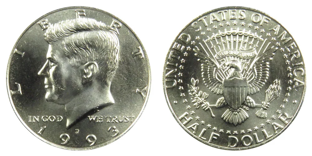1993-D Kennedy half dollar obverse and reverse showing D mint mark and original luster