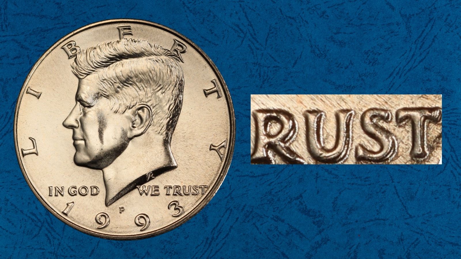 Close-up of 1993 Kennedy half dollar Doubled Die Obverse showing doubling on LIBERTY inscription