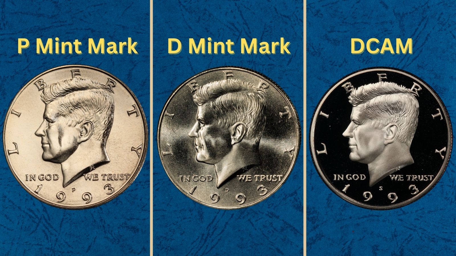 Group of 1993 Kennedy half dollars showing variety from worn circulated examples to gem uncirculated specimens from Philadelphia and Denver mints