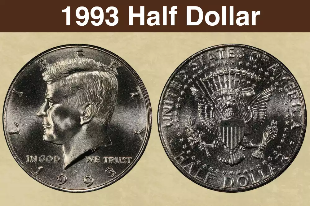 Grading strip showing four 1993 Kennedy half dollars from worn circulated through gem uncirculated condition tiers